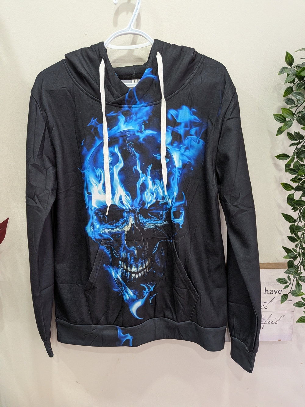 NWOT Unisex Black Hoodie with Blue Flame Skull Graphic